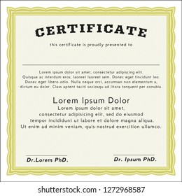 Yellow Sample Diploma. Customizable, Easy to edit and change colors. With guilloche pattern. Money design. 