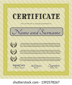 Yellow Sample Diploma. Detailed. Complex background. Cordial design. 