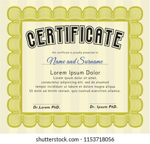 Yellow Sample Diploma. Easy to print. Vector illustration. Nice design. 