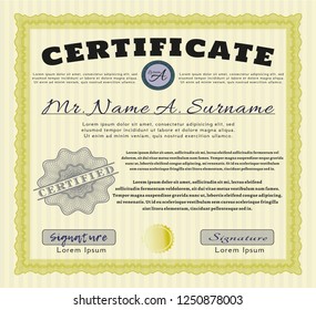 Yellow Sample Diploma. Easy to print. Vector illustration. Nice design. 