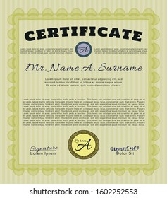 Yellow Sample Diploma. Easy to print. Customizable, Easy to edit and change colors. Cordial design. 