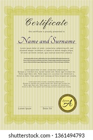 Yellow Sample Diploma. Elegant design. With complex linear background. Detailed. 