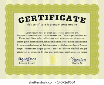 Yellow Sample Diploma. Elegant design. With guilloche pattern. Vector illustration. 