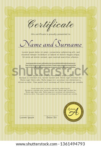 Yellow Sample Diploma. Elegant design. With complex linear background. Detailed. 