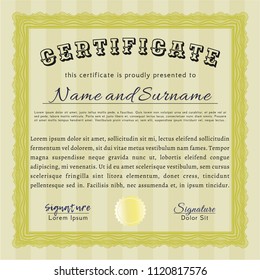 Yellow Sample Diploma. Excellent design. Detailed. With linear background. 