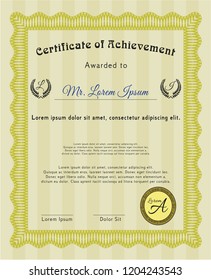 Yellow Sample Diploma. Excellent design. Detailed. With guilloche pattern. 