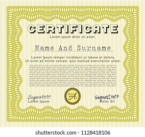 Yellow Sample Diploma. With great quality guilloche pattern. Money Pattern design. Vector illustration. 