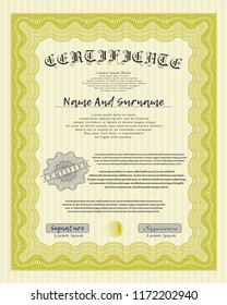 Yellow Sample Diploma. With great quality guilloche pattern. Customizable, Easy to edit and change colors. Artistry design. 