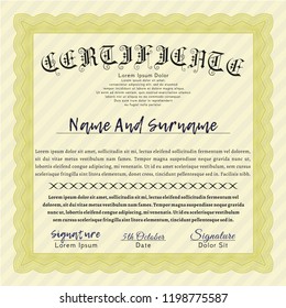 Yellow Sample Diploma. With great quality guilloche pattern. Vector illustration. Excellent design. 