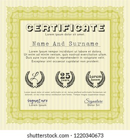 Yellow Sample Diploma. With great quality guilloche pattern. Superior design. Detailed. 