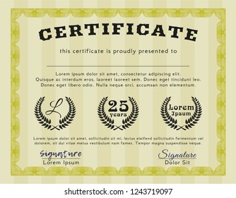 Yellow Sample Diploma. With great quality guilloche pattern. Detailed. Elegant design. 