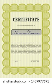 Yellow Sample Diploma. With great quality guilloche pattern. Sophisticated design. Detailed. 