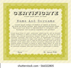 Yellow Sample Diploma. With great quality guilloche pattern. Detailed. Modern design. 