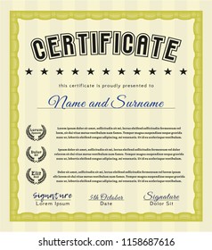 Yellow Sample Diploma. With guilloche pattern and background. Sophisticated design. Detailed. 