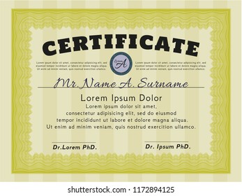Yellow Sample Diploma. With guilloche pattern. Cordial design. Detailed. 