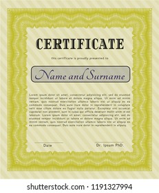 Yellow Sample Diploma. With guilloche pattern. Detailed. Lovely design. 