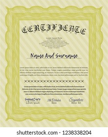 Yellow Sample Diploma. With guilloche pattern and background. Vector illustration. Elegant design. 