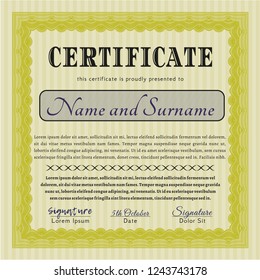Yellow Sample Diploma. With guilloche pattern and background. Cordial design. Vector illustration. 