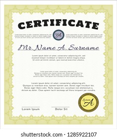 Yellow Sample Diploma. With guilloche pattern and background. Customizable, Easy to edit and change colors. Perfect design. 