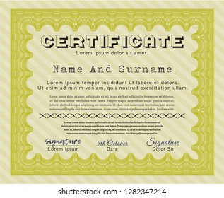 Yellow Sample Diploma. Modern design. With guilloche pattern. Vector illustration. 