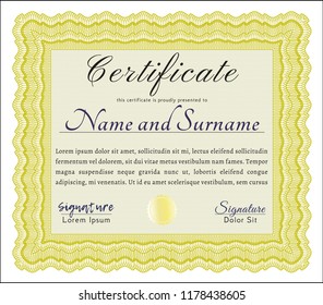 Yellow Sample Diploma. Money design. With complex background. Vector illustration. 