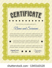 Yellow Sample Diploma. Money Pattern design. Easy to print. Detailed. 