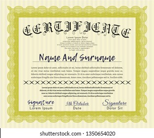 Yellow Sample Diploma. Money Pattern design. Printer friendly. Vector illustration. 