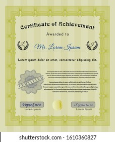 Yellow Sample Diploma. Money Pattern. Detailed. With complex linear background. 
