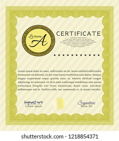 Yellow Sample Diploma. Nice design. With complex background. Detailed. 