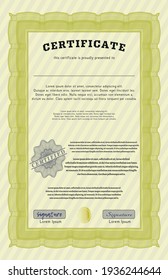 Yellow Sample Diploma.  Nice design.  With great quality guilloche pattern.  Vector illustration. 