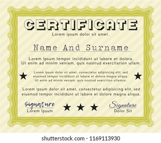 Yellow Sample Diploma. Perfect design. Detailed. With great quality guilloche pattern. 
