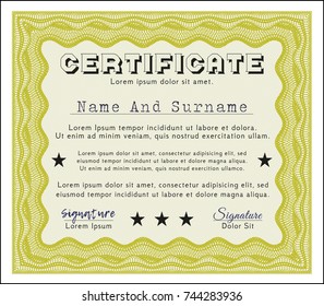 Yellow Sample Diploma. Sophisticated design. Customizable, Easy to edit and change colors. With great quality guilloche pattern. 