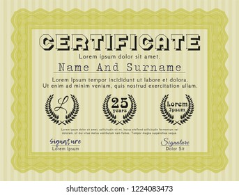 Yellow Sample Diploma. Superior design. Detailed. With guilloche pattern and background. 