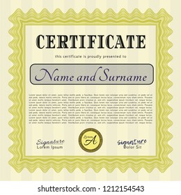 Yellow Sample Diploma. Vector illustration. With great quality guilloche pattern. Beauty design. 