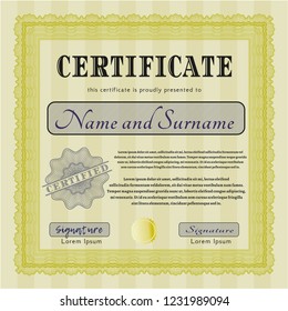 Yellow Sample Diploma. Vector illustration. With great quality guilloche pattern. Sophisticated design. 