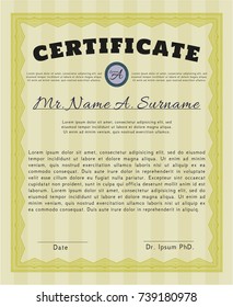 Yellow Sample Diploma. Vector illustration. With great quality guilloche pattern. Money Pattern design. 