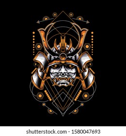 Yellow samurai head with sacred geometry pattern For Wallpaper, Banner, T-shirt, Poster, Hoodie, Tottebag, Background, Card, Book Illustration, And Web Landing Page