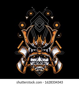 yellow samurai head with sacred geometry ornament For Wallpaper, Banner, T-shirt, Poster, Hoodie, Tottebag, Background, Card, Book Illustration, And Web Landing Page