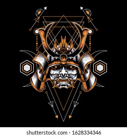 yellow samurai head with sacred geometry ornament For Wallpaper, Banner, T-shirt, Poster, Hoodie, Tottebag, Background, Card, Book Illustration, And Web Landing Page