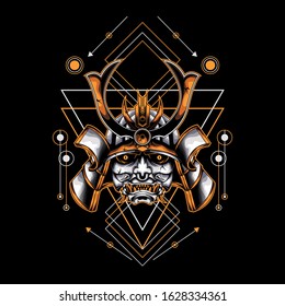 yellow samurai head with sacred geometry ornament For Wallpaper, Banner, T-shirt, Poster, Hoodie, Tottebag, Background, Card, Book Illustration, And Web Landing Page