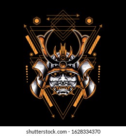yellow samurai head with sacred geometry ornament For Wallpaper, Banner, T-shirt, Poster, Hoodie, Tottebag, Background, Card, Book Illustration, And Web Landing Page