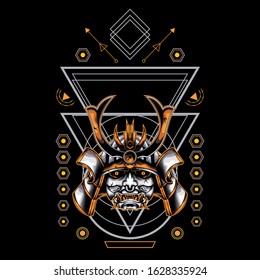 yellow samurai head with sacred geometry ornament For Wallpaper, Banner, T-shirt, Poster, Hoodie, Tottebag, Background, Card, Book Illustration, And Web Landing Page