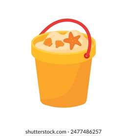 Yellow Sand bucket with clam and starfish. Kid toys for building sand castle in beach vacation. Summer doodle icon vector illustration isolated on transparent background