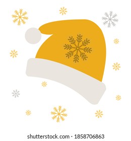 Yellow Santa Claus hat isolated on white background with yellow and gray snowflakes. Festive New Year's winter attributes. Vector illustration