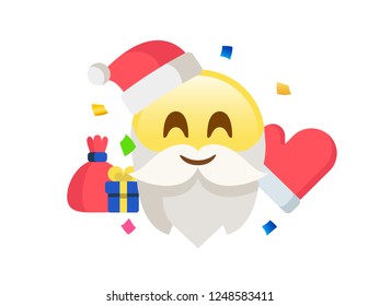 Yellow Santa Claus icon with glove, Christmas hat, gift and confetti