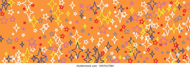Yellow Santa Multicolor Stars Orange Colorful Vibrant Background. Print Red White Green Bright Violet Chaotic Stars Pattern. New Year Horizontal Vivid Blue Holiday Christmas Sky Wallpaper.