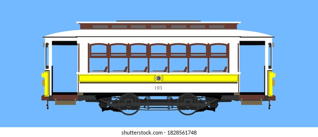 Yellow Santos Portuguese tram isolated with blue background. Vector illustration.