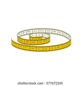 Yellow sartorial meter on a white background. Curved measuring tape isolated. 3D illustration. Vector EPS10.