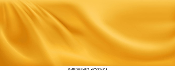 Yellow satin cloth background. Vector realistic illustration of golden silk fabric with wavy surface, luxury soft textile material with smooth shiny texture, curtain with abstract folds, liquid paint