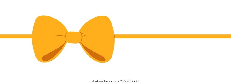 Yellow satin ribbon with tied bow for gift decoration. Holiday package wrap design isolated on white background.